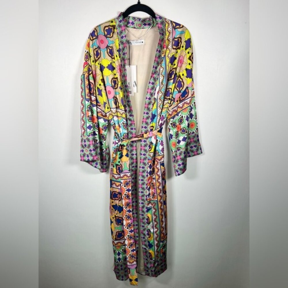 NWT ZARA KIMONO Multicolor Satin Tied Self Belt Slits Oversized 7753/032 Size‎ S - Picture 3 of 13